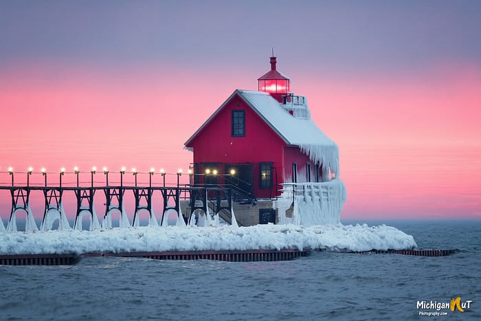 Winter Evening at Grand Haven Lighthouse by Michigan Nut Photography